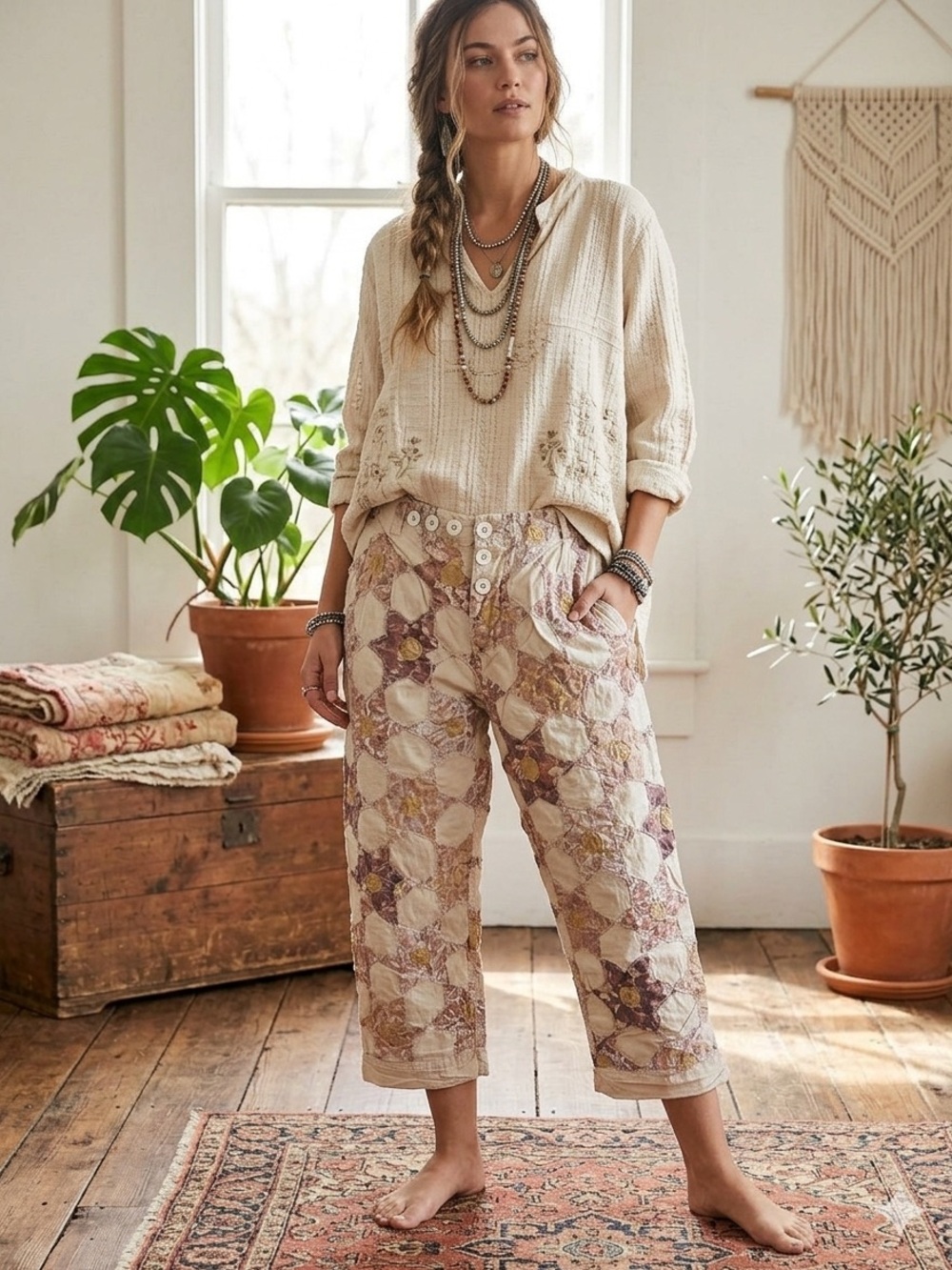 Magnolia Pearl Cream Cropped Patchwork Pants with Mauve Accents
